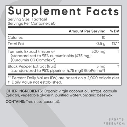 Sports Research® Turmeric Curcumin C3 Complex® w/BioPerine Black Pepper Extract & Organic Coconut Oil - Standardized 95% Curcuminoids · Non-GMO · Gluten Free - 120 Count Softgels