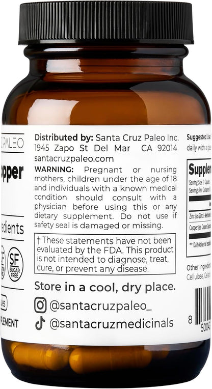 Santa Cruz Paleo, Zinc & Copper Mineral Supplement, High Absorption Formula, Zinc Supplement for Skin & Hair, L Methionine, Copper Gluconate, Trace Minerals, Gluten Free, Keto, Paleo, 60 Capsules