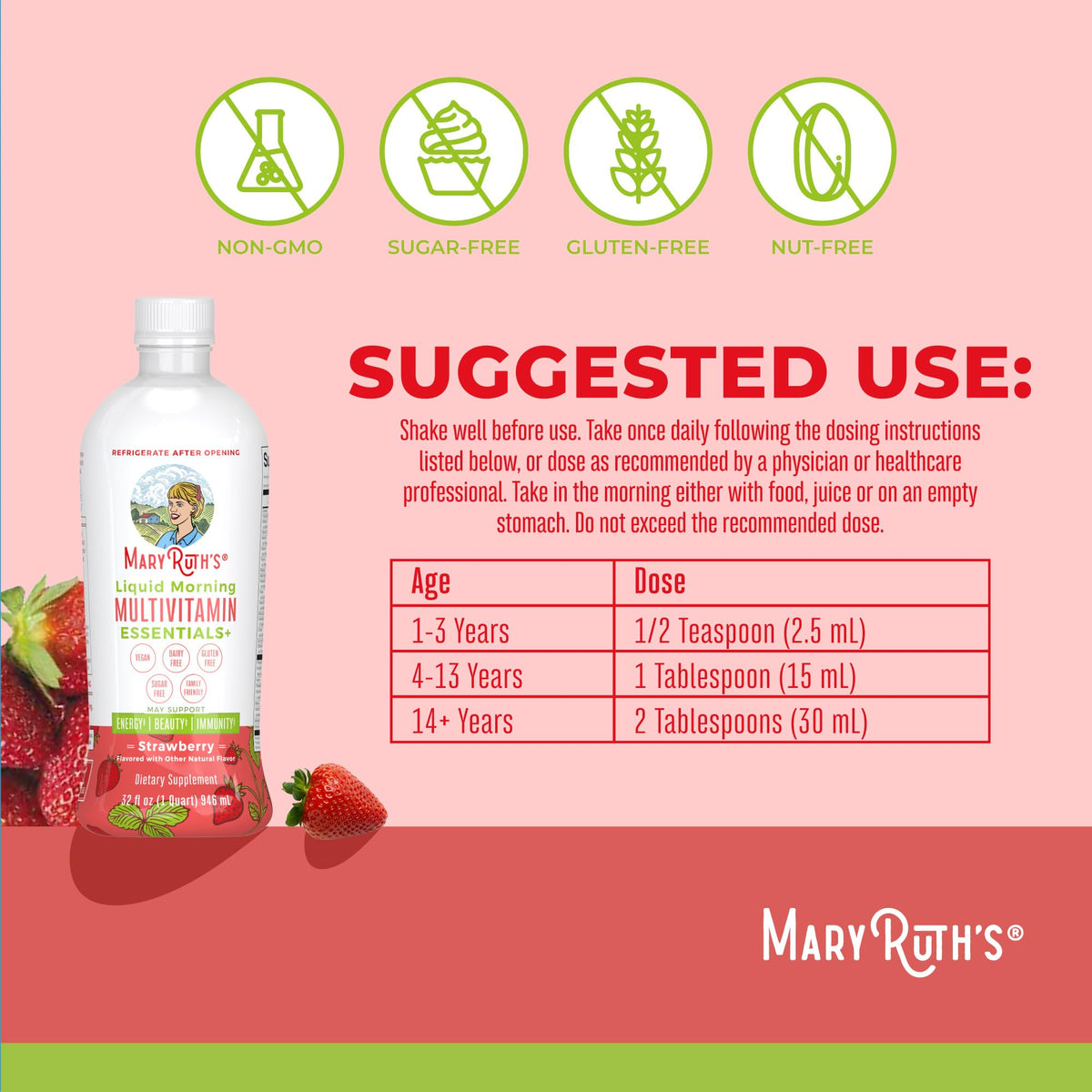 MaryRuth's Liquid Morning Multivitamin Essentials+ | Vitamin A C D E B6 B12 Biotin Zinc | Mens Womens Multivitamin | Immune Support | Beauty | Sugar Free | Vitamins for Ages 1+ | Vegan | 32 Fl Oz