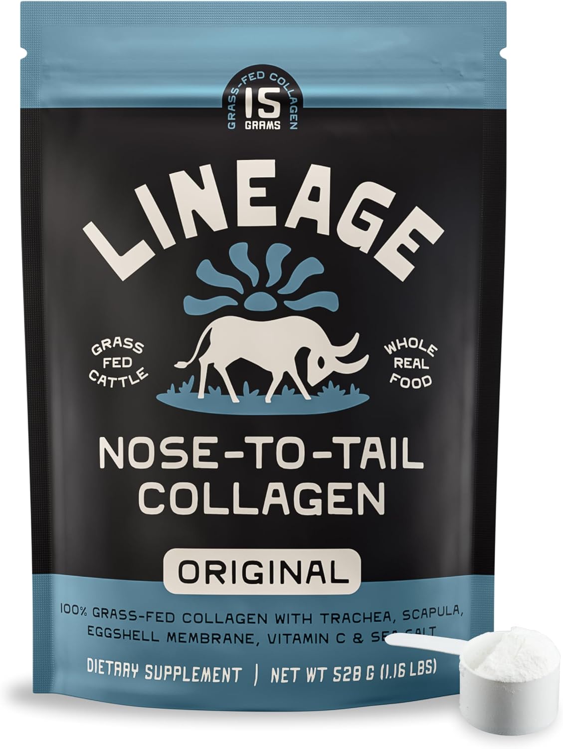 Lineage Provisions Grass Fed Collagen Powder, 30 Servings | Unflavored hydrolyzed bovine collagen peptides with trachea, scapula, eggshell membrane & vitamin C.