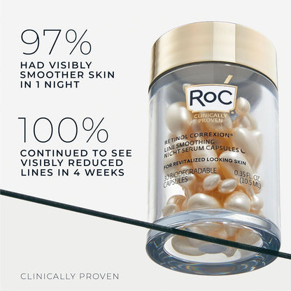 RoC Retinol Correxion Anti-Aging Wrinkle Night Serum, Retinol Serum for Face, Daily Treatment for Fine Lines, Post Acne Scars, 30 Capsules, Unscented, 0.35 Fl Oz