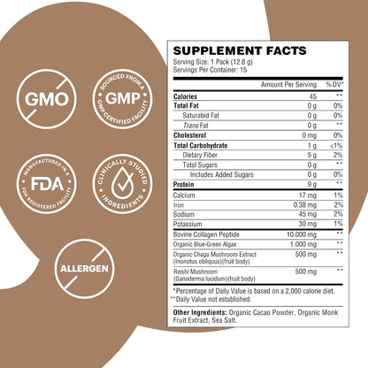 Wellthy Collagen Superfood Powder, Fights Stress & Fatigue, Cacao, Mushroom Powder - Organic Chaga & Reishi Extracts, Certified Organic Matcha, Allergen-Free & Non-GMO
