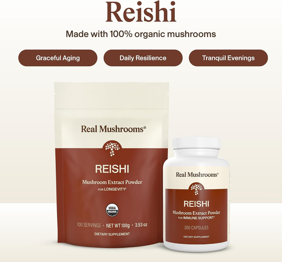 Real Mushrooms Reishi Mushroom Powder - Handpicked Organic Mushroom Extracts - Red Reishi for Tranquil Daily Wellness with Verified Beta Glucans Vegan, Non-GMO, No Grain Fillers, 45 Servings