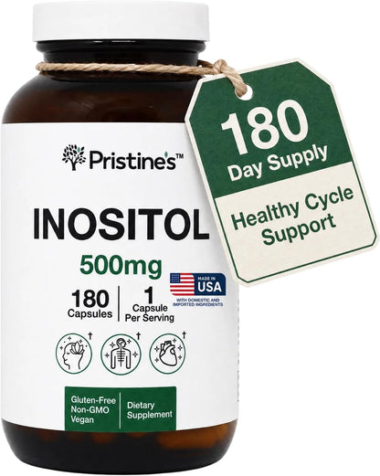 PRISTINE'S Myo-Inositol 500mg Capsules, Women's Health Support, 180 Count | Women's balance and cycle support for daily routines. 180 day supply, vegan, non-GMO, gluten-free capsules in a glass bottle