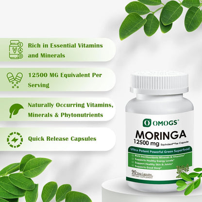 OMOGS Moringa Capsules, Pure Moringa Oleifera Leaf Powder Supplement, Rich Inantioxidants Minerals & Vitamins, for Energy, Metabolism, Immunity & Sleep, Non-GMO, 90 Veg Capsules