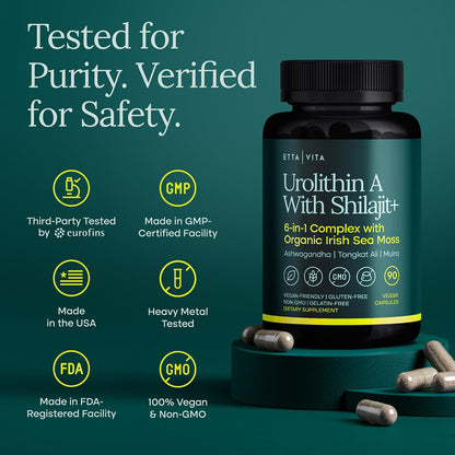 Urolithin-A Complex with Shilajit, Sea Moss, Ashwagandha & Tongkat Ali 90Ct | Urolithin a supplement, supports natural energy, hormone balance, focus & cellular health, vegan, non-GMO, made in USA