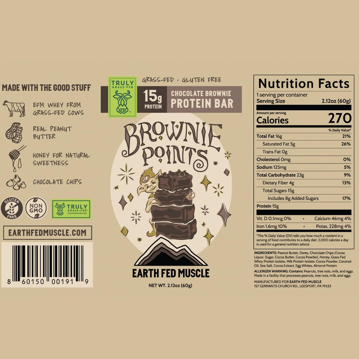 Earth Fed Muscle Brownie Points – Chocolate Brownie Grass Fed Whey Protein Bars | 15g Protein Snack | Gluten Free, Non-GMO, All-Natural Clean Energy | 2.12 oz Bars (10 Count)