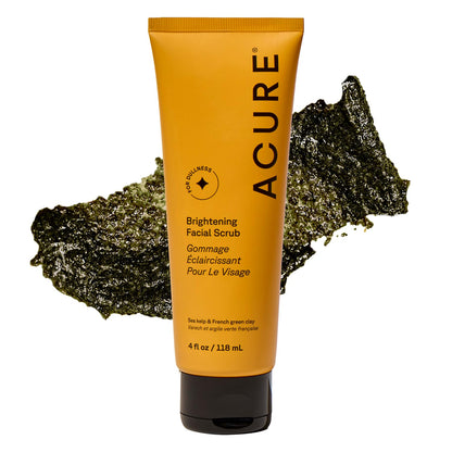 Acure Brightening Facial Scrub - Exfoliating Face Wash, Gentle Daily Scrubber & Exfoliator for Women & Men for Radiant Skin, Cleansing Wash with Sea Kelp & French Green Clay - 4 fl oz
