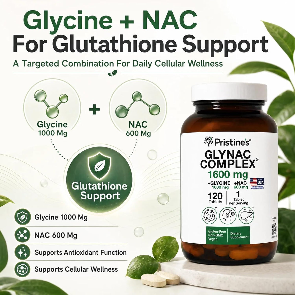 PRISTINE'S GlyNAC 1600mg Tablets, Glycine 1000mg + NAC 600mg, 120 Count | Glutathione support from glycine and NAC. Large scored tablets, 120 count, vegan, non-GMO, gluten-free, glass bottle