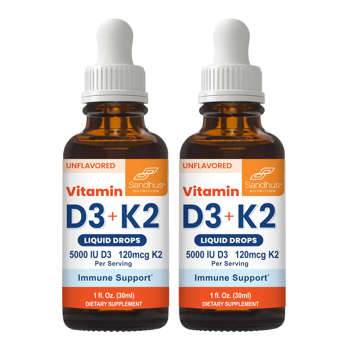 Sandhu's Vitamin D3 K2 Drops for Adults | 5000 IU D3 Liquid, 120mcg K2 Supplement 1 Fl Oz (Pack of 2) | D3K2 Supports Superior Absorption