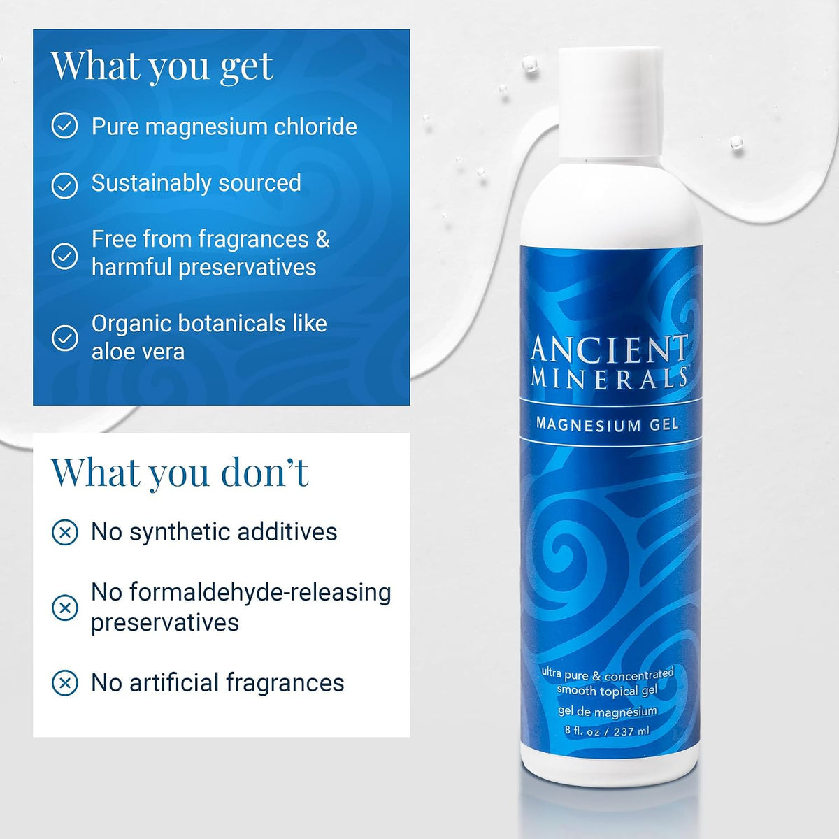 Ancient Minerals Magnesium Gel, Zechstein Chloride, for Massage, 8oz | Pure Zechstein magnesium chloride gel for massage & topical skin application. 8 oz bottle.