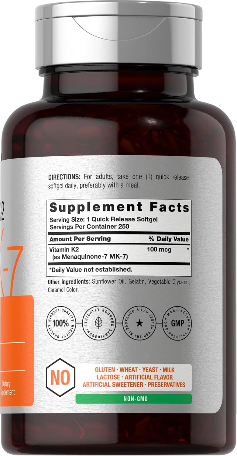 Horbäach Vitamin K2 MK7 100mcg | 250 Softgels | Non-GMO, Gluten Free Supplement
