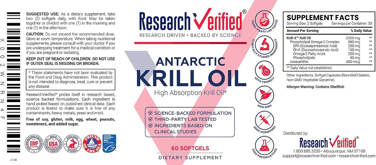 Research Verified Antarctic Krill Oil 2000mg - Support Heart Function & Joints, Boost Cognition - MSC Certified, Sustainably Sourced - 60 Softgels - Made in the USA