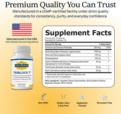 TriBlock7 - Carb Blocker Capsules for Sugar Balance - White Kidney Bean | Starch Blocker Formula, Carb Metabolism Support, Frankincense and Myrrh, Take Before Meals, Non-GMO, Full 30-Day Supply