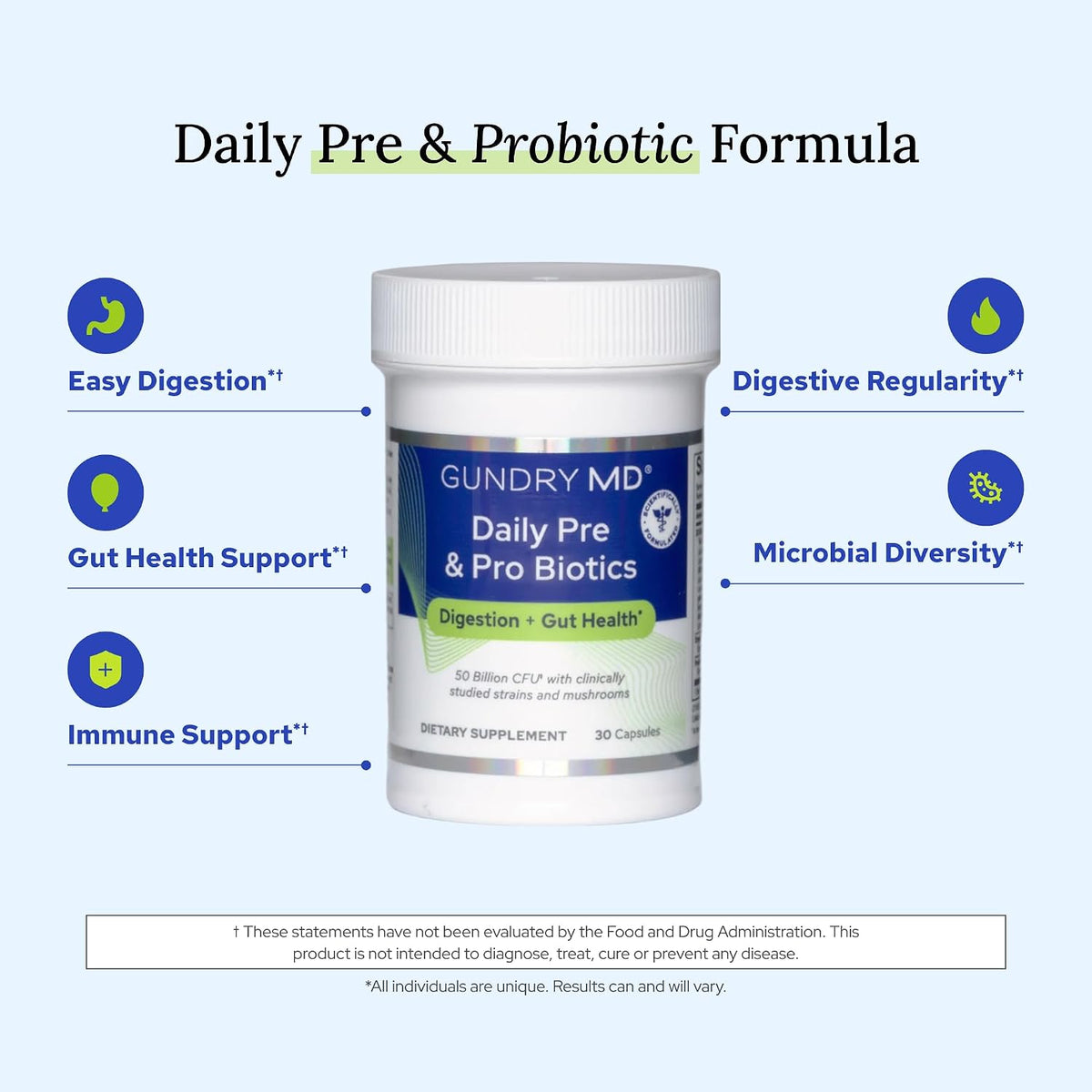 Gundry MD® Daily Pre & Pro Biotics with 50 Billion CFUs, 30 Servings | Added Organic Adaptogenic Mushroom Blend for Immune Support, Proactive Digestion, Leaky Gut & Gut Health Support, Once Daily