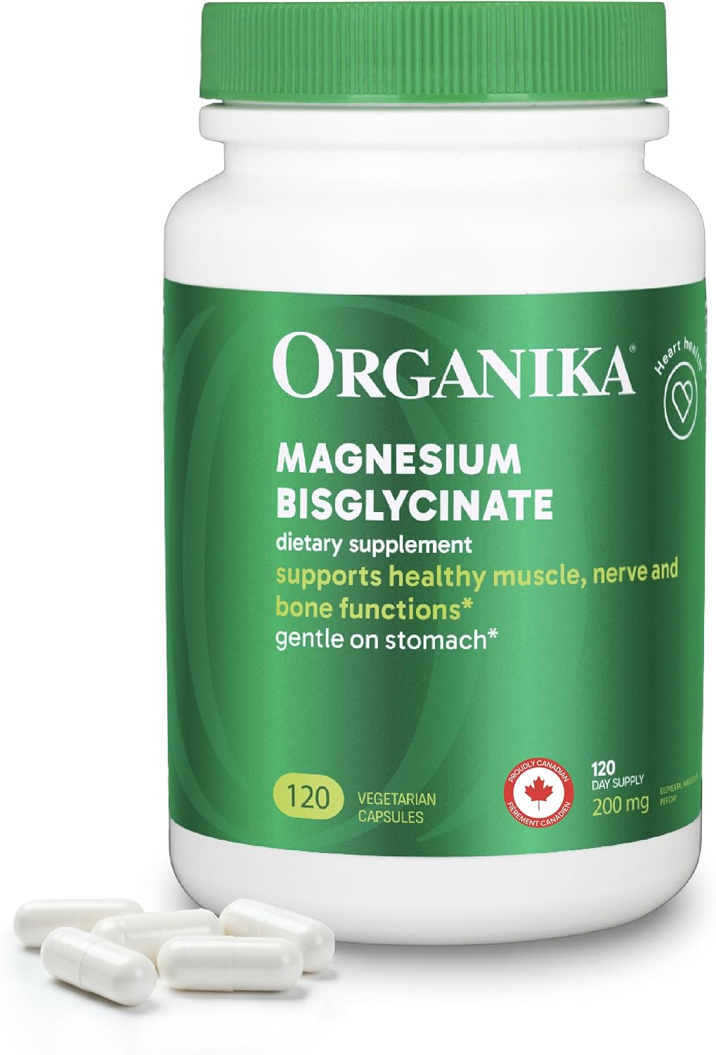 Organika Magnesium Bisglycinate 200 mg – 120 Vegetarian Capsules, Gentle on Stomach Magnesium Supplement to Support Healthy Muscle, Nerve & Bone Function