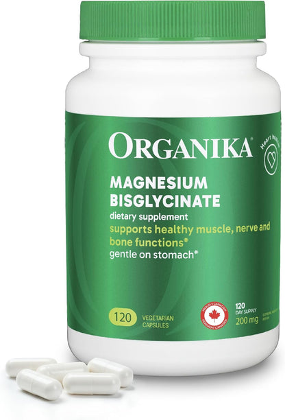 Organika Magnesium Bisglycinate 200 mg – 120 Vegetarian Capsules, Gentle on Stomach Magnesium Supplement to Support Healthy Muscle, Nerve & Bone Function