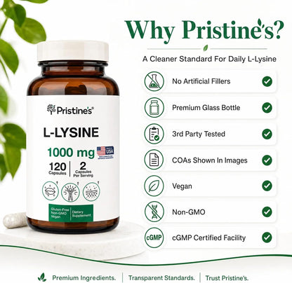 PRISTINE'S L-Lysine 1000mg Capsules, Lip Health & Immune Support, Vegan | Daily amino acid support for lip health and immune wellness. 60 day supply, vegan, non-GMO, gluten-free, glass bottle