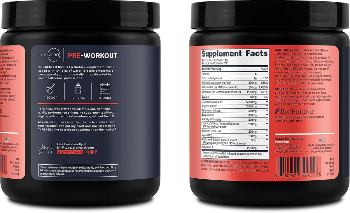 Type Zero Clean Pre Workout Powder (Fruit Punch) 21 Servings | 200mg Natural Caffeine, L-Citrulline Malate, Beta Alanine, Alpha GPC, Huperzine A, Himalayan Salt, Sugar Free