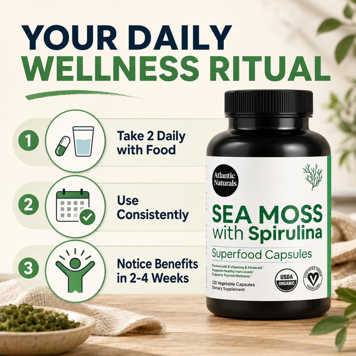 Atlantic Naturals Sea Moss with Beet Root Capsules - Premium Quality Multivitamin Supplement - Sea Moss Superfood to Support Immune Health, Blood Flow, Joint Health & Athletic Performance - 120 ct
