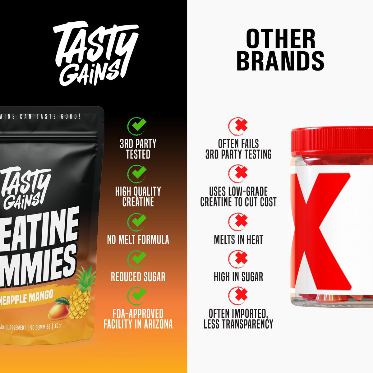 TASTY GAINS Creatine Gummies - 90g of Creatine Monohydrate - Workout Supplements - Build Muscle & Boost Strength for Men & Women - Made in USA - Non GMO - (Large, Strawberry Creamsicle Flavor)