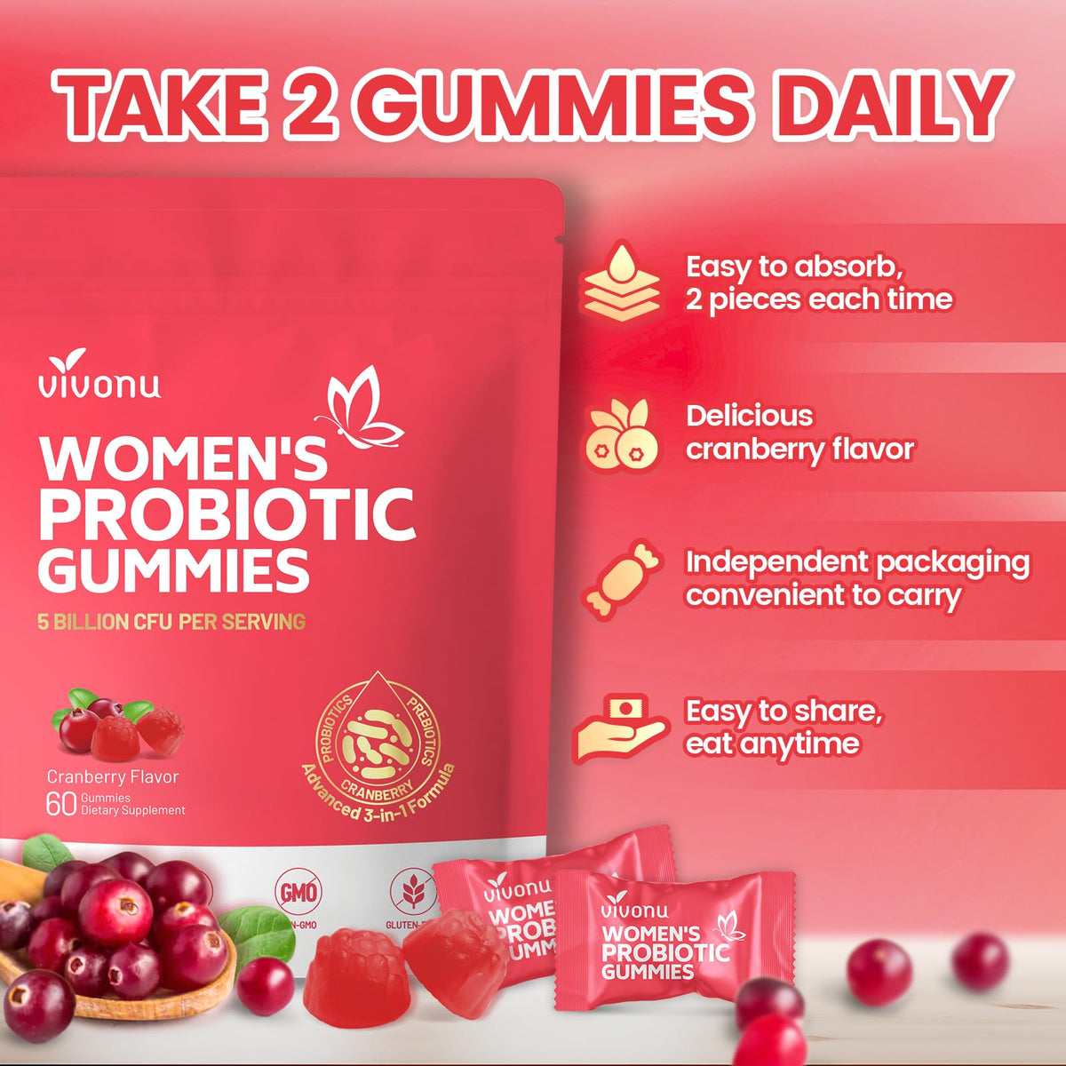 VivoNu Viginal Probiotics for Women, Women Probiotic Gummies, Feminine Balance Gummies, Prebiotic Gummy, Cranberry Probiotics for Woman Vaginigal Health, Yeast Ph Balance| 60 Gummies