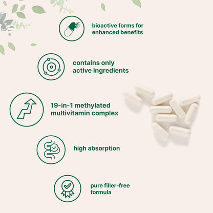 Micro Ingredients Pure Methylated Multivitamin Supplement, 240 Capsules | 19-in-1 Formula with Methylfolate, Methyl B12, Vitamins C, D, Magnesium & Zinc. For Women & Men. Iron Free, Filler Free.
