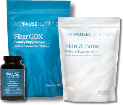 The 'Pause Life Wellness Bundle, Collagen, Omega 3 D3 K2 & Fiber GDX | 3-in-1 bundle: Verisol collagen peptides + omega 3 fish oil with D3 & K2 + plant-based fiber blend. Gluten free wellness.