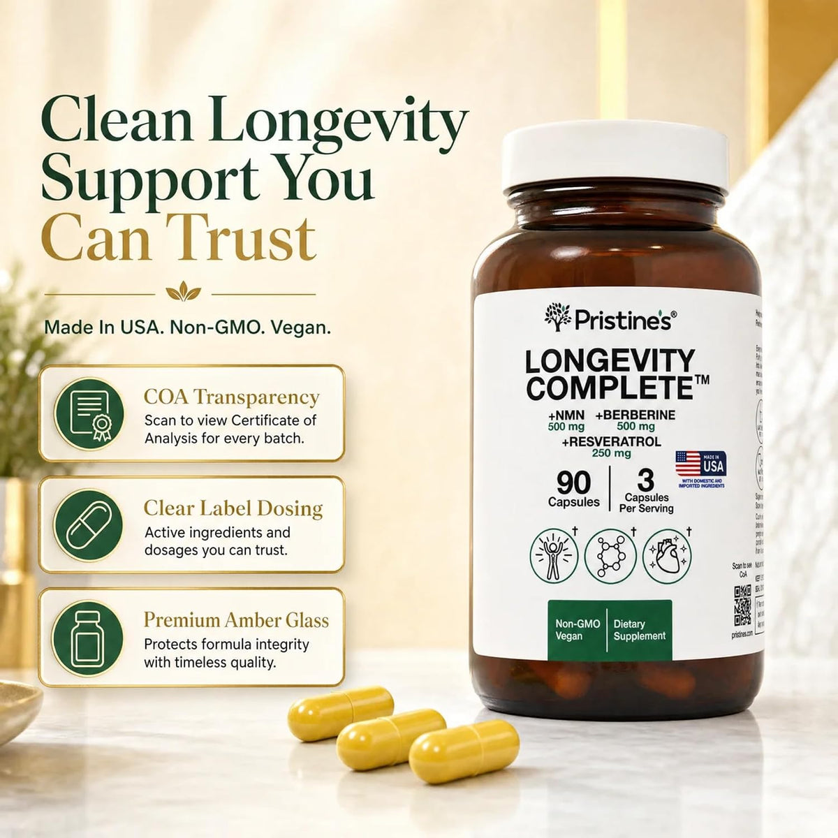 PRISTINE'S Longevity Complete NMN Resveratrol Anti-Aging Cellular Support | NMN, resveratrol and berberine in one longevity stack for anti-aging cellular support. Vegan, non-GMO, 90 count glass bottle