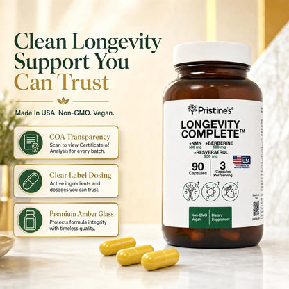 PRISTINE'S Longevity Complete NMN Resveratrol Anti-Aging Cellular Support | NMN, resveratrol and berberine in one longevity stack for anti-aging cellular support. Vegan, non-GMO, 90 count glass bottle