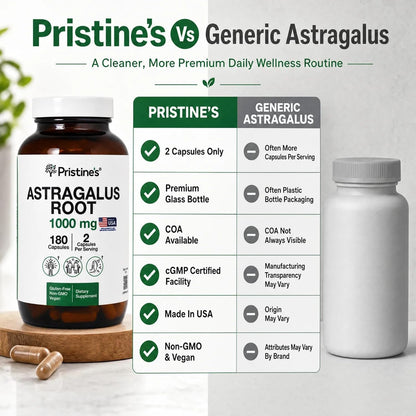 PRISTINE'S Astragalus Root 1000mg Capsules, Adaptogen, Vegan, 90 Day Supply | Lung health support from an herbal adaptogen used in Traditional Chinese medicine. 90 day supply, vegan, non-GMO, gluten-free