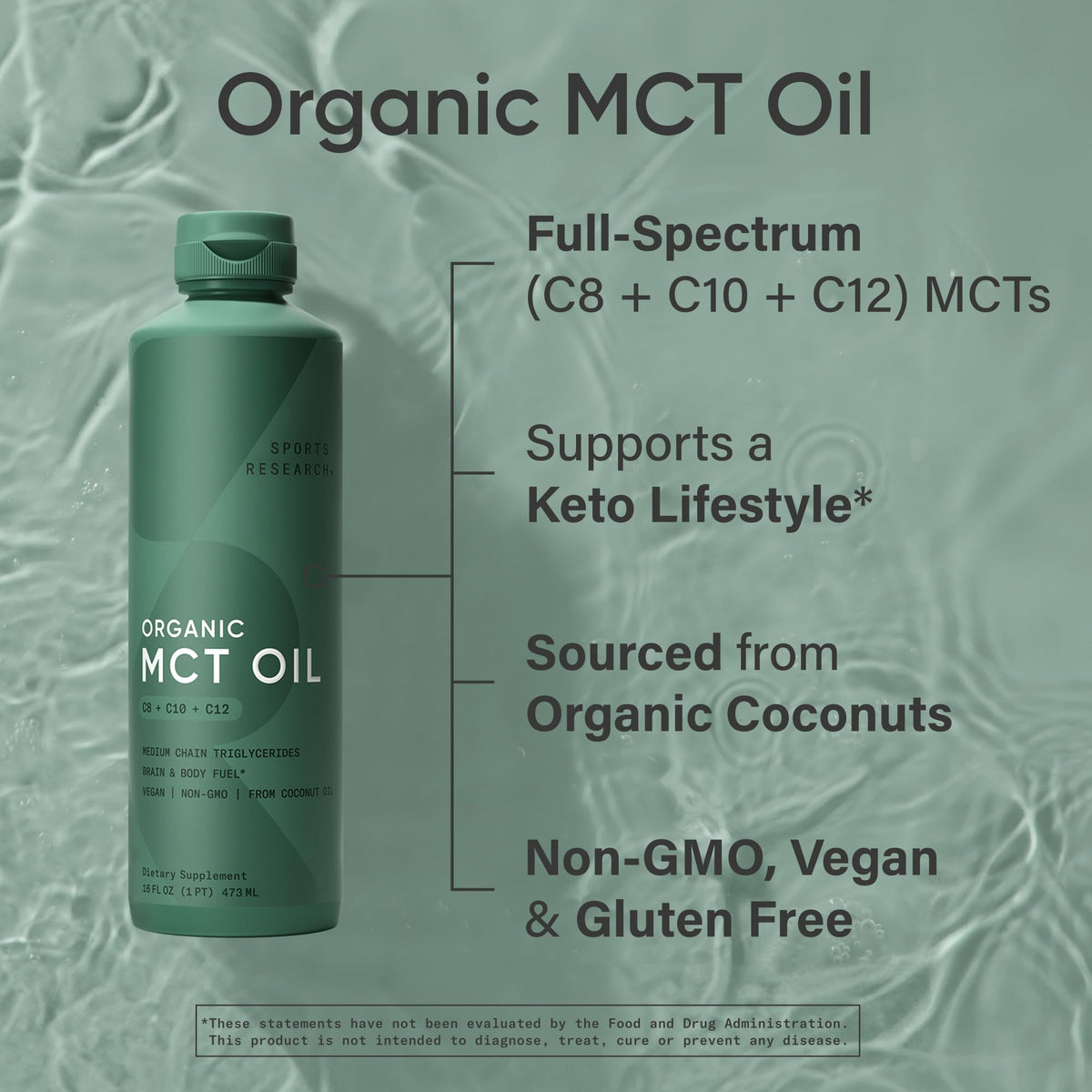 Sports Research Organic MCT Oil - Keto & Vegan MCTs C8, C10, C12 from Coconuts - Fatty Acid Brain & Body Fuel, Non-GMO & Gluten Free - Flavorless Oil, Perfect in Coffee, Tea & Protein Shakes - 32 oz