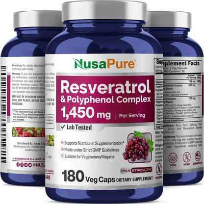 NusaPure Resveratrol & Polyphenol Complex 1450mg 180 Vegetarian Caps (Non-GMO, Vegan) Vitamin C