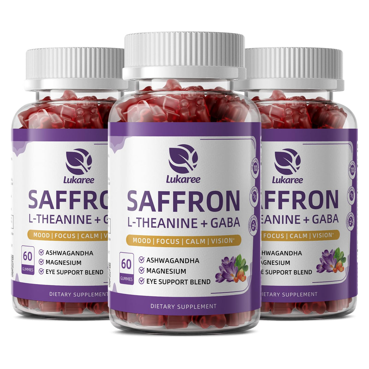 Saffron Gummies 88.5mg with L-Theanine 200mg, GABA for Mood, Focus & Vision | 10-in-1 Supplements for Adults with Ashwagandha, Eye Support Blend, GMP Certified, Sugar Free, Vegan, 60 Day Supply