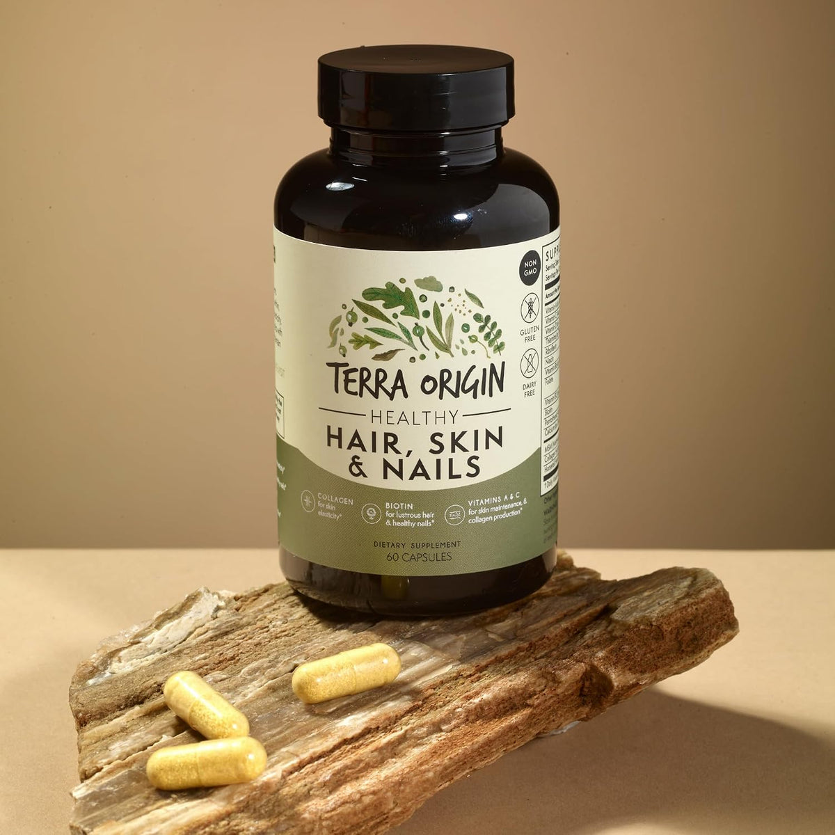 TERRA ORIGIN Healthy Hair, Skin and Nails Supplement | Collagen, Biotin, Horsetail & B-Complex | Supports Hair Strength, Skin Elasticity & Nail Growth | Vitamins for Women and Men | 60 Capsules