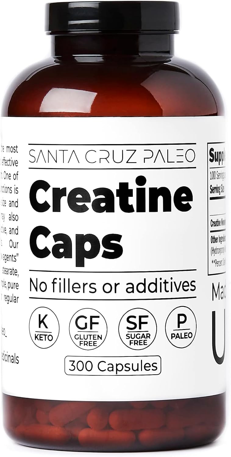 Santa Cruz Paleo Creatine Capsules, Supports Muscle Growth & Energy, Gluten Free, Keto, Sugar Free, Paleo, No Fillers or Additives, Creatine Monohydrate Pills, 2500mg, 100 Servings, 300 Capsules