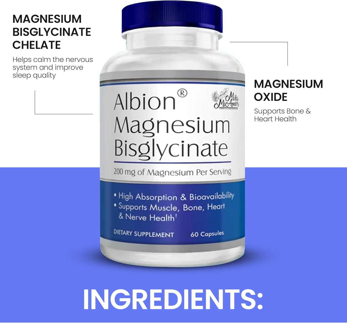 MilaMiAmor Albion® Magnesium Bisglycinate – Highly Absorbable Chelated Magnesium for Muscle, Nerve, Relaxation & Sleep Support – Gentle on Stomach, Vegan – 200mg per Serving, 60 Capsules