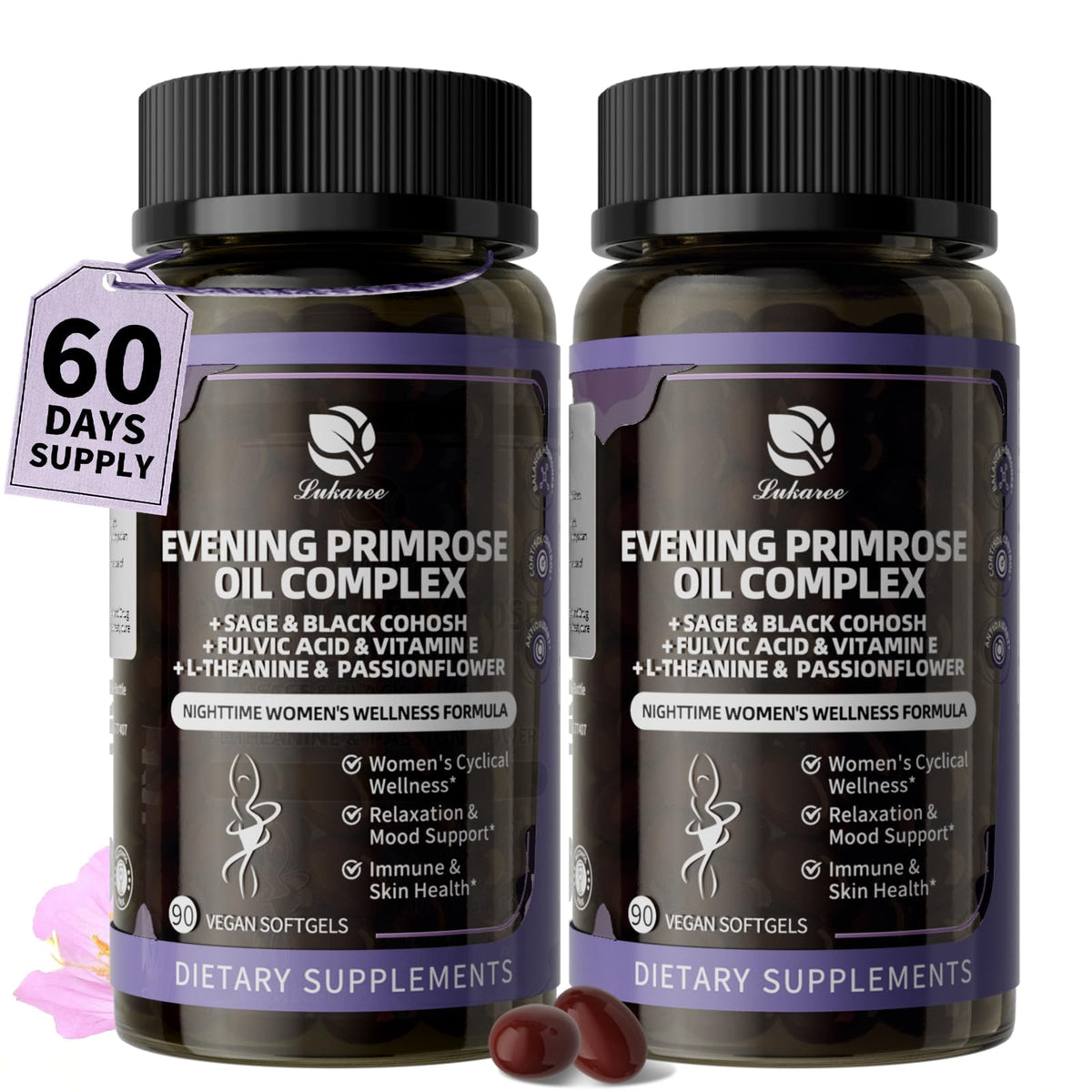 Evening Primrose Oil 1000mg - Hormone Balance for Women & Mood | Primrose Oil Capsules Cold-Pressed w/10% GLA, Essential Fatty Acids, L-Theanine for Mood, Skin & Immune, 90 Softgels