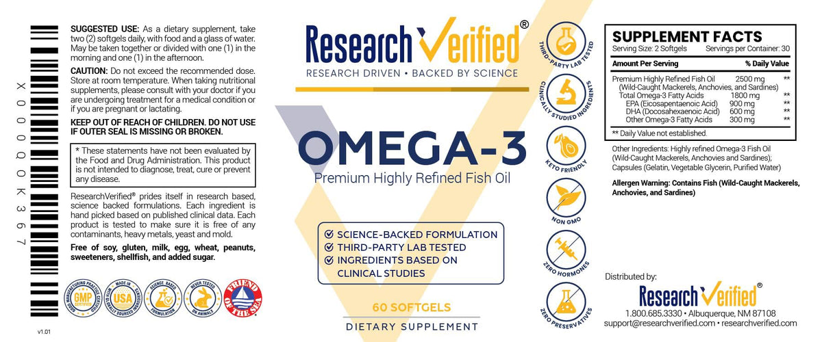 Research Verified Omega 3-1800mg Omega 3 Fish Oil - High 900mg EPA + 600mg DHA - No Aftertaste - 60 Softgel Capsules - 3 Bottles