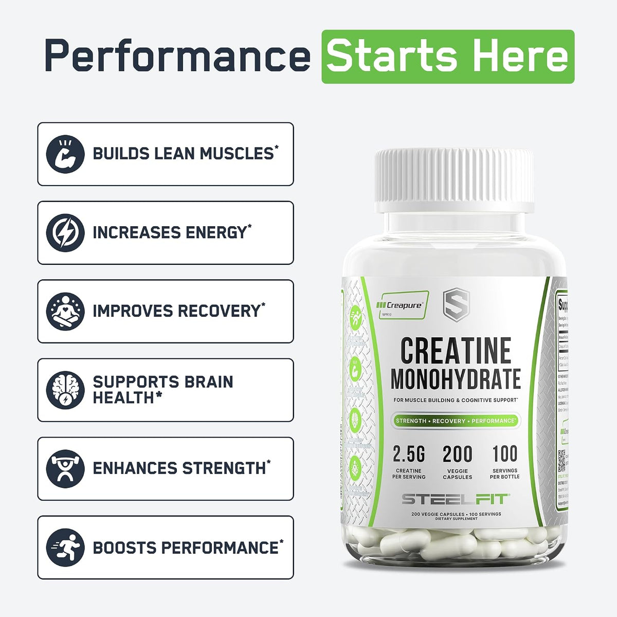 SteelFit Creatine Monohydrate Capsules for Men & Women, 100 Servings | 2.5g Creapure Creatine - Lean Muscle Gain, Strength Building & Recovery - Gym Workout Supplements, Veggie Capsule