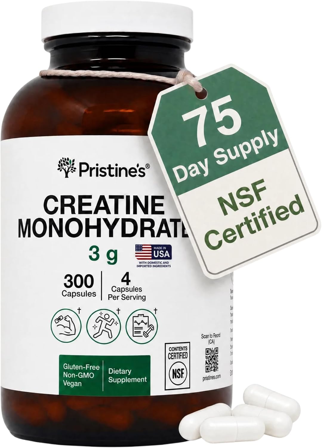PRISTINE'S NSF Certified Creatine Monohydrate 3g Capsules, 75 Servings | Vegan, non-GMO and gluten-free. NSF Certified creatine capsules with 75 servings and no powder scoop, mixing, grit or flavor