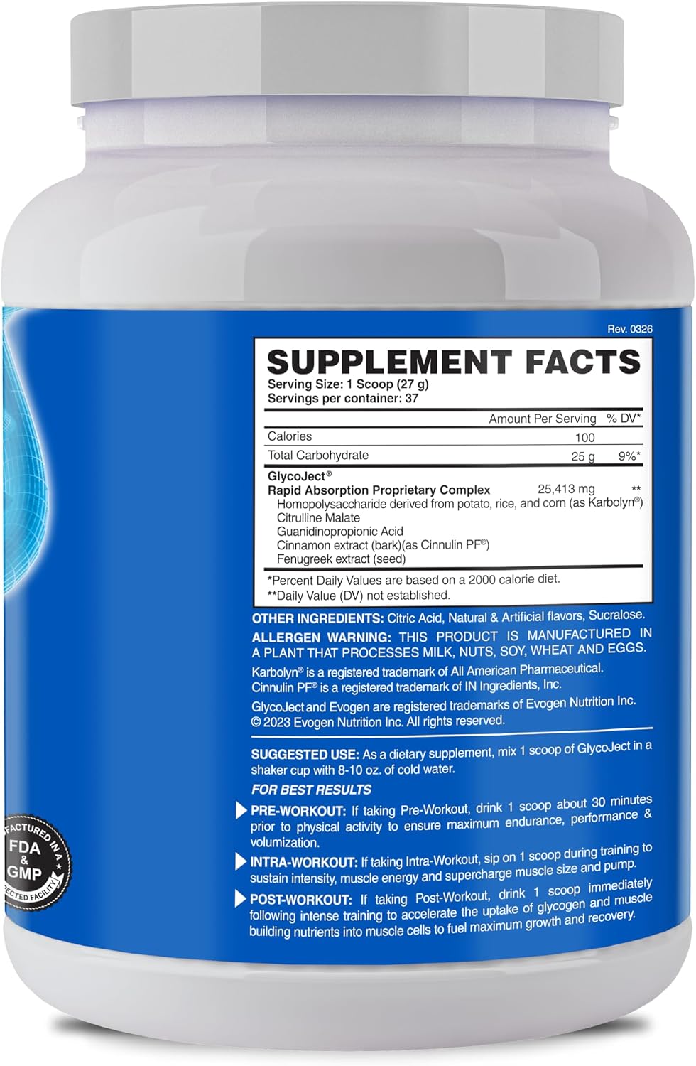 Evogen GlycoJect - Super Carb Powder | Rapid Absorption for PreWorkout | Carbohydrate Powder for Endurance | Intra Workout Carbs Powder for Men & Women | Blue Raspberry Blast | 37 Servings