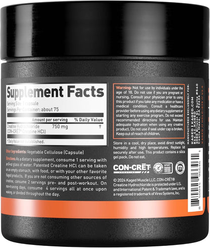 Kaged Creatine HCl Capsules | 7X Concentrated vs Mono | Muscle Building & Recovery | High Absorption | No Bloating | Creatine for Men & Women | Vegan, Gluten Free | Unflavored | 75 Servings