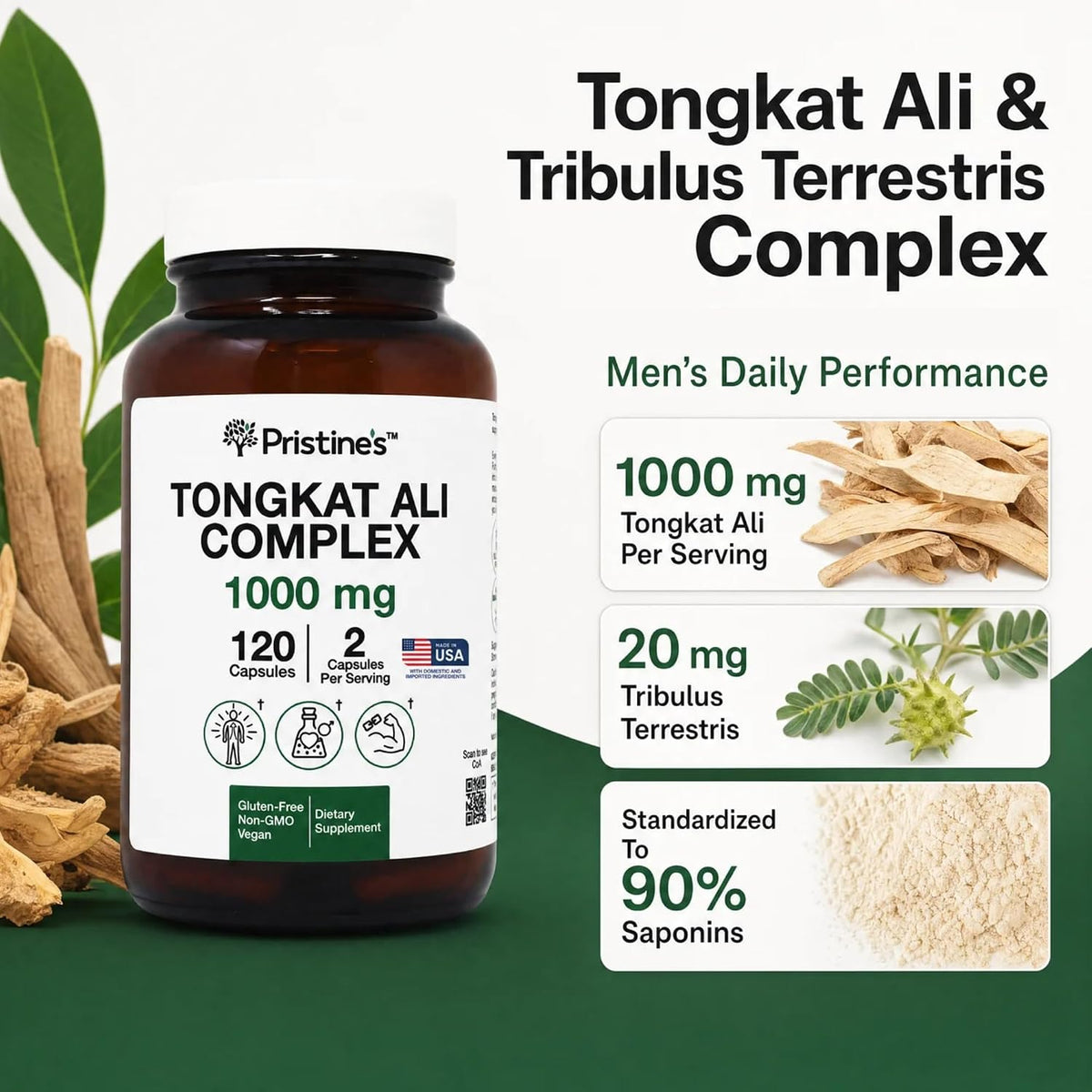 PRISTINE'S Tongkat Ali Complex 1000mg with Tribulus, Vegan, 120 Capsules | Strength, drive and stamina support from a 100:1 root extract blend. Vegan, non-GMO, gluten-free, 120 capsules