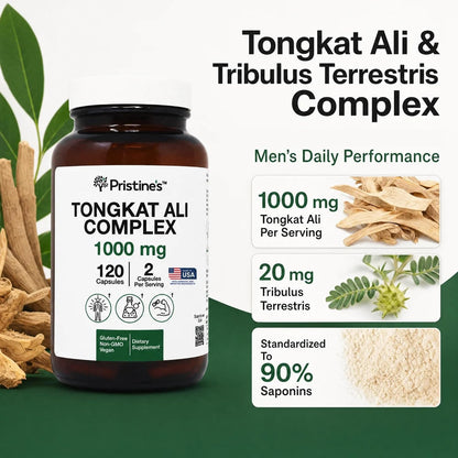 PRISTINE'S Tongkat Ali Complex 1000mg with Tribulus, Vegan, 120 Capsules | Strength, drive and stamina support from a 100:1 root extract blend. Vegan, non-GMO, gluten-free, 120 capsules