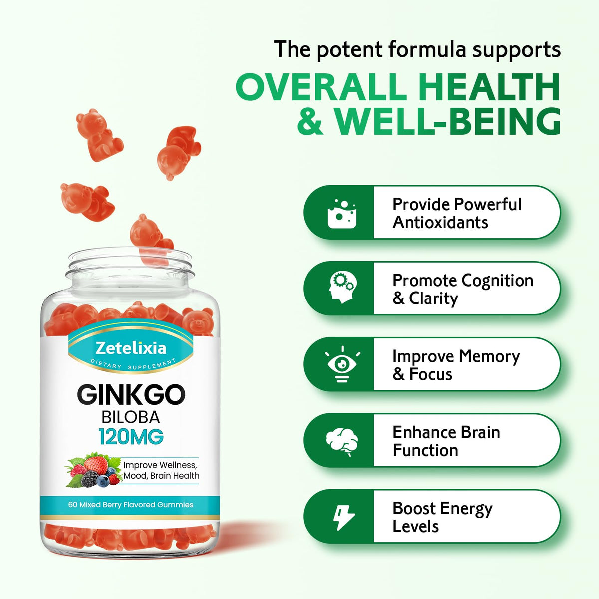 Ginkgo Biloba Gummies for Women and Men, Brain Supplement Improve Better Mood and Focus, Vegan Mixed Berry Flavor 60 Count