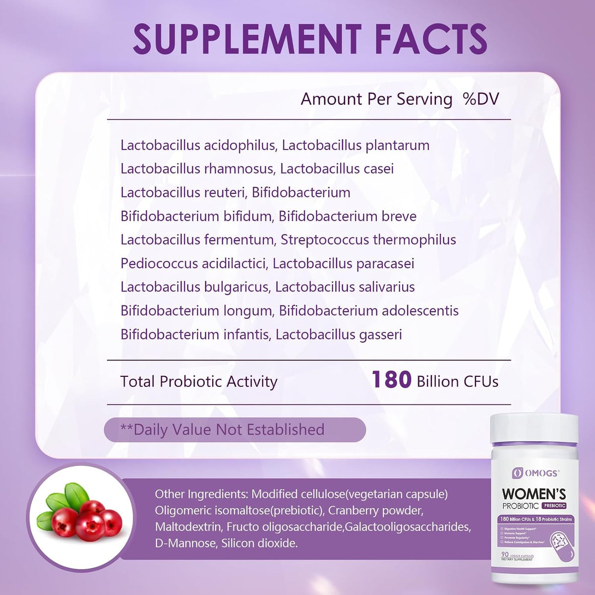 OMOGS Women's Probiotic 180 Billion CFUs 18 Strains, with Organic Prebiotics, Cranberry Extract, D-Mannose & Digestive Enzymes, for Digestive, Boost Immune, PH Balance & Urethral Health, 90 Capsules
