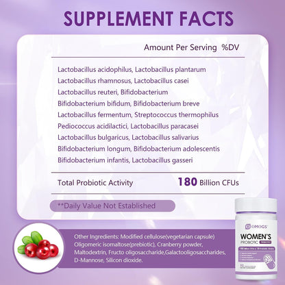 OMOGS Women's Probiotic 180 Billion CFUs 18 Strains, with Organic Prebiotics, Cranberry Extract, D-Mannose & Digestive Enzymes, for Digestive, Boost Immune, PH Balance & Urethral Health, 90 Capsules