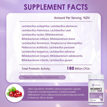 OMOGS Women's Probiotic 180 Billion CFUs 18 Strains, with Organic Prebiotics, Cranberry Extract, D-Mannose & Digestive Enzymes, for Digestive, Boost Immune, PH Balance & Urethral Health, 90 Capsules