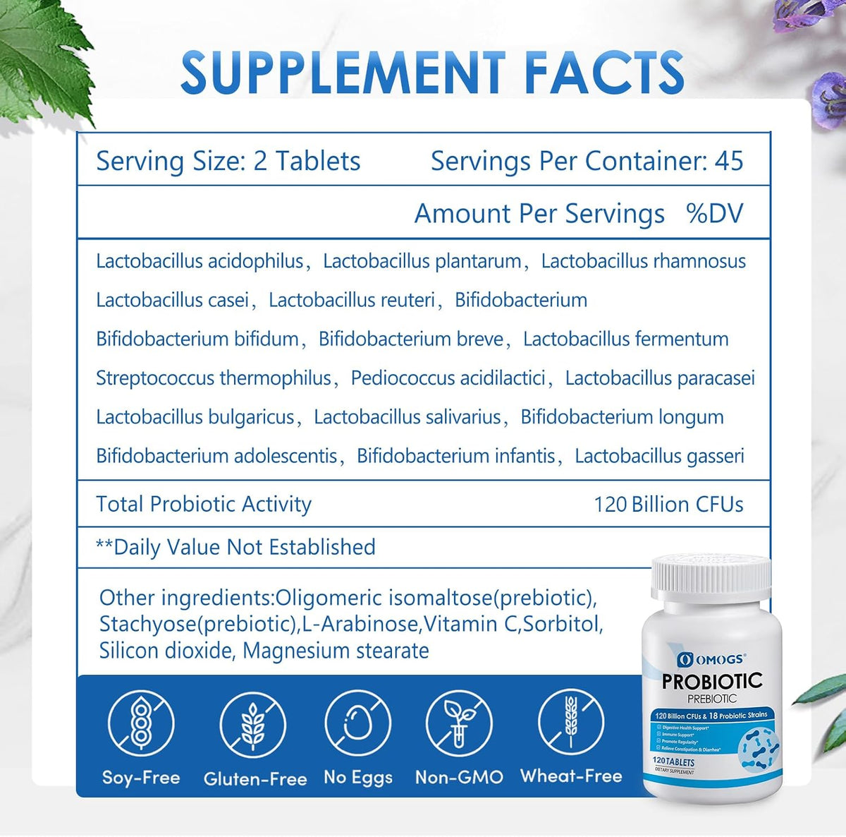 OMOGS Probiotics 120 Billion CFUs 18 Strains,with 3 Organic Prebiotics & Vitamin C,Nutritional Supplement for Women,Men & Kids,Support Metabolism,Immunity and Digestive Health,Non-GMO, 120 Tablets